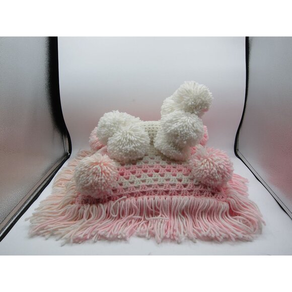 Adorable Vintage Handmade Pom-Pom Poodle Dog On Pink Crochet Mat With Fringe - U - Picture 4 of 10